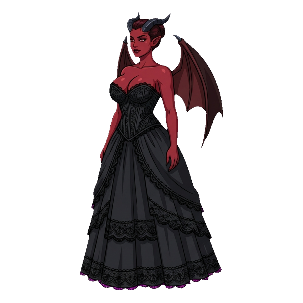 Early concept of a red-skinned adult demon woman in formal black clothing