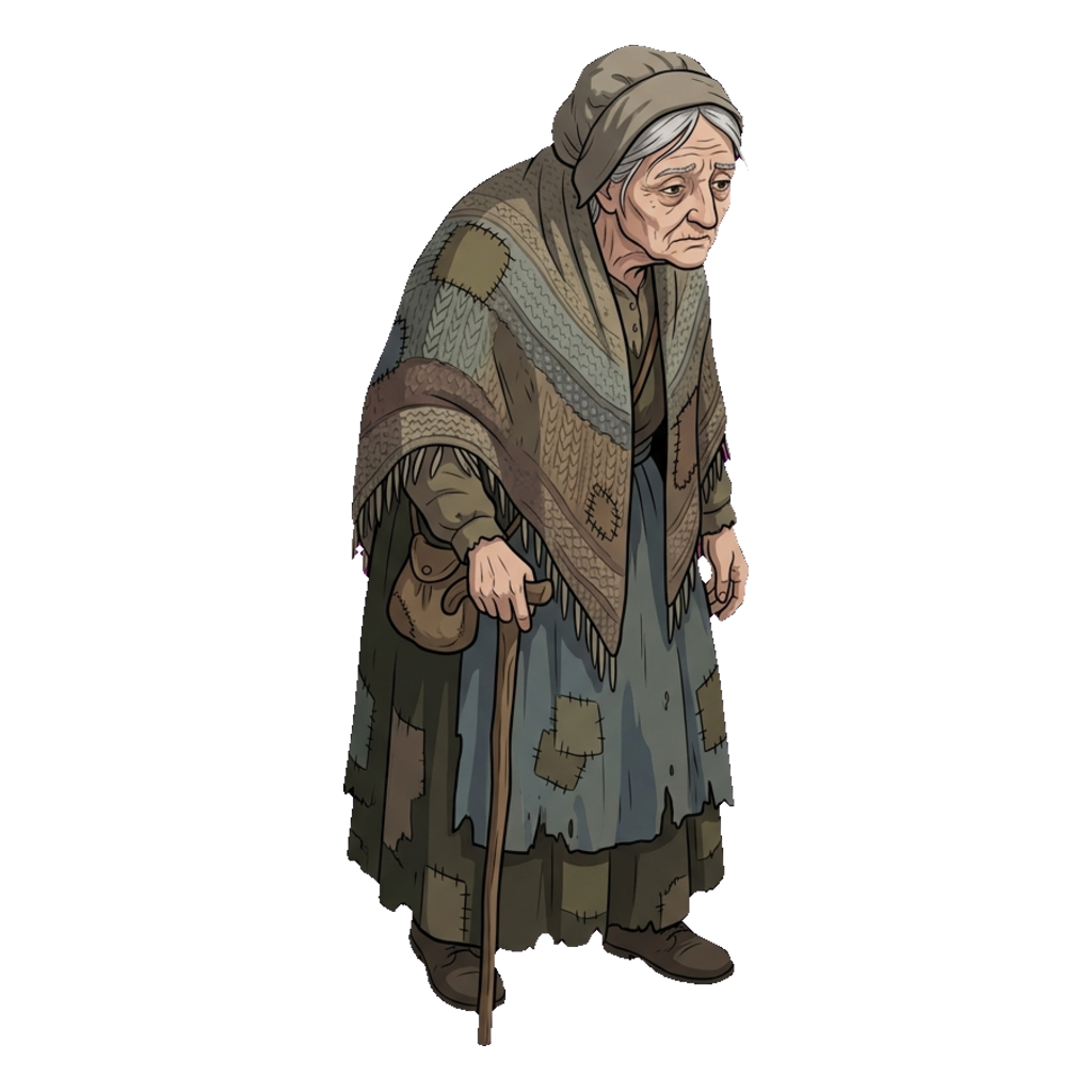 Early concept of an older white human woman in heavily patched clothes