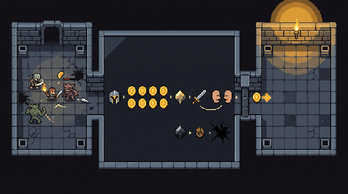 Pixel-art event sequence staged between two dungeon rooms, with a failed branch and one successful commit