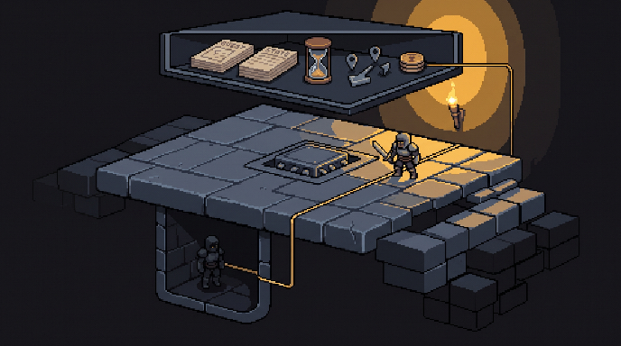 Pixel-art dungeon cutaway showing saved quest records, a timer, fixed positions, and one actor in dormant and active states