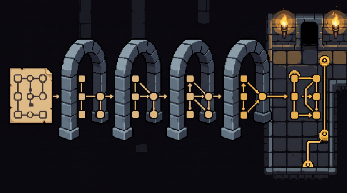 Pixel-art quest blueprint passing through four stone gates into fixed points on a dungeon floor